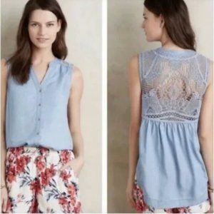 ANTHROPOLOGIE Holding Horses Lorna Chambray Crochet Back Tank Shirt Size 8